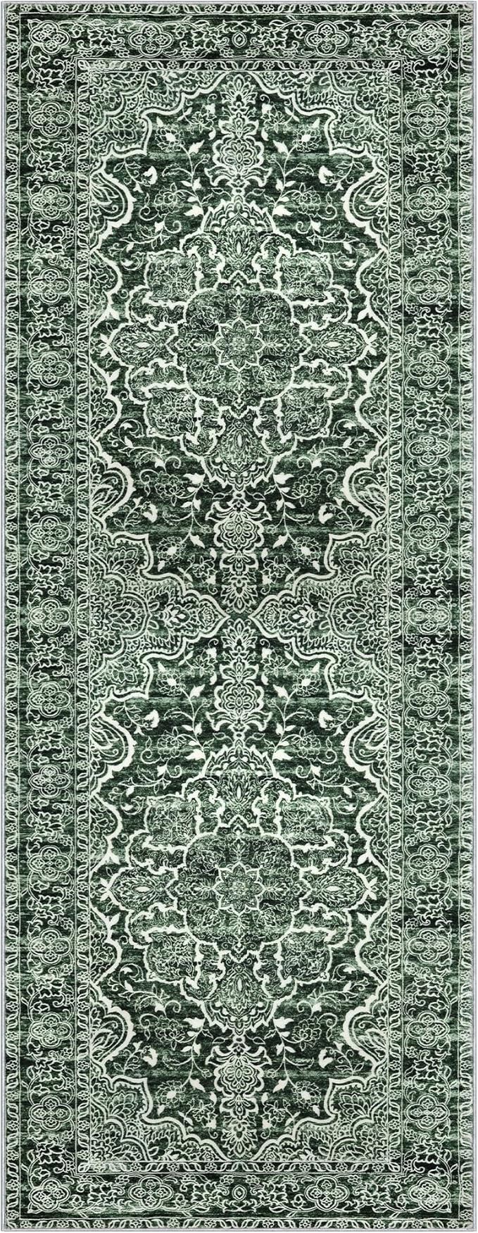 KUTA Runners for Hallways 2x6 Dark Green, Vintage Floral Rug Non-Slip Washable Kitchen Rugs Printed Retro Distressed Flower Carpet Entryway Rugs for Bedroom Laundry Nursery
