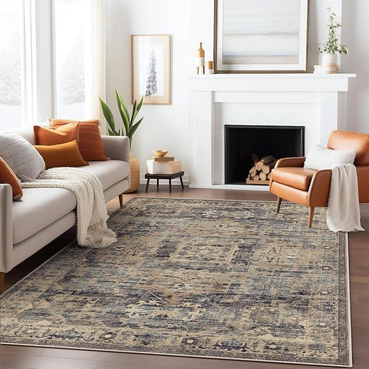 GENIMO Machine Washable 8x10 Area Rugs for Living Room, Non Slip Vintage Rugs, Low Pile Lightweight Chenille Print Rug for Bedroom, Dining Room, Home Office, Tawny Sage