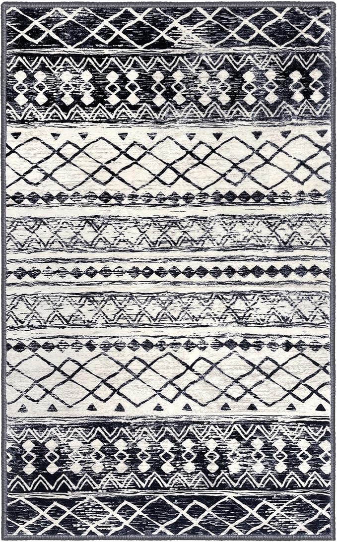 KUTA Boho Moroccan 3x5 Rugs for Entryway, Black Non-Slip Washable Low-Pile Living Room Area Rug, Ultra Soft Distressed Geometric Print Throw Carpet for Entrance, Bedroom, Nursery, Dorm, Kitchen