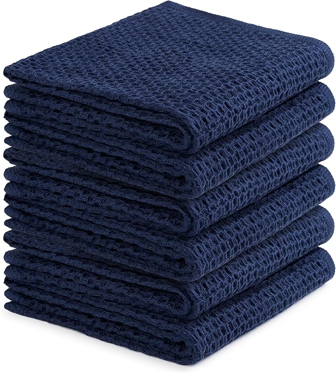 Premium 100% Cotton Waffle Towels for Kitchen (13x28, 6 pc) – Solid, Ultra Soft, Scratch-Free & Super Absorbent - Quick Drying Cleaning Towels,Perfect Dish Cloth, Blue