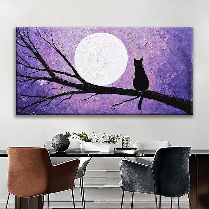 QSQ Cat Wall Art For Living Room Prints Painting Canvas Art Wall Decor Funny Monet Cat Under The Moonlight Abstract Wall Art Posters Picture For Bedroom Office Home Wall Decor Aesthetic 29" × 58"