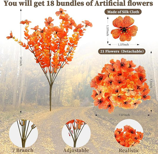 18 Bundles Artificial Mums for Outdoors/Indoors Faux Mums for Outdoor Planters, Eucalyptus Leaves Fall Flowers Artificial for Decoration Boxwood Garden Porch Window Home Wedding(Orange)