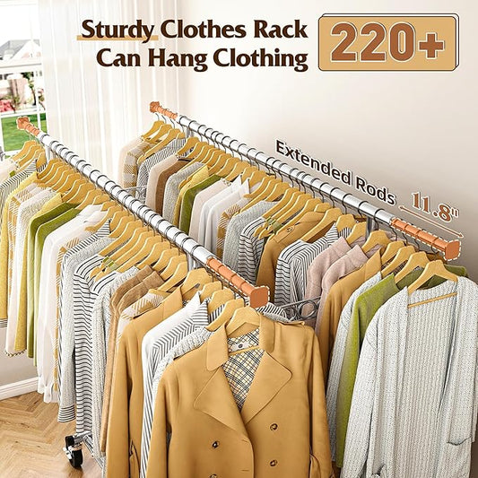 Raybee Clothes Rack Load 630LBS, Heavy Duty Clothes Rack, Rolling Clothing Racks for Hanging Clothes with Wheels, Adjustable & Commercial Garment Rack, 22" D x 75" W x 68" H