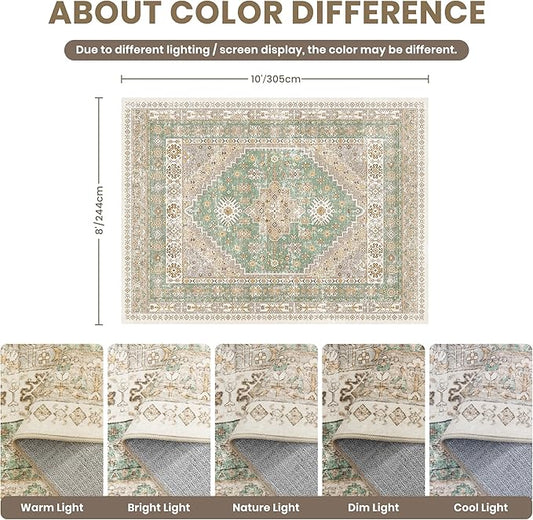 zesthome 8x10 Area Rugs for Living Room,Non-Slip Backing Washable Rugs,Vintage Large Area Rug,Stain Resistant Home Decor Rug (Green/Brown,8'x10')