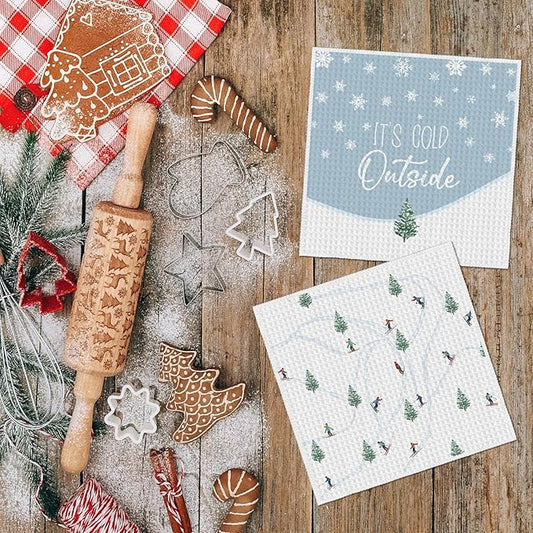 Artoid Mode Xmas Tree Snowflakes Cable Car Ski Winter Kitchen Dish Cloths, 12x12 Inch Quick Dry Microfiber Dishcloths for Kitchen Dish Rags Set of 4