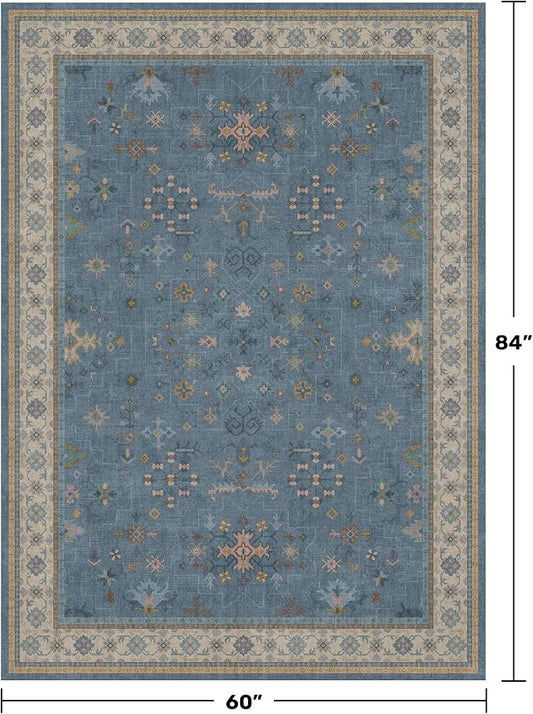 Washable 5x7 Blue Rugs for Kids Room, Boho 5 x 7 Nursery Rug Boys, Colorful Eclectic Low-Pile Carpet for Bedroom, Dining Table, Non-Slip with Rubber Back