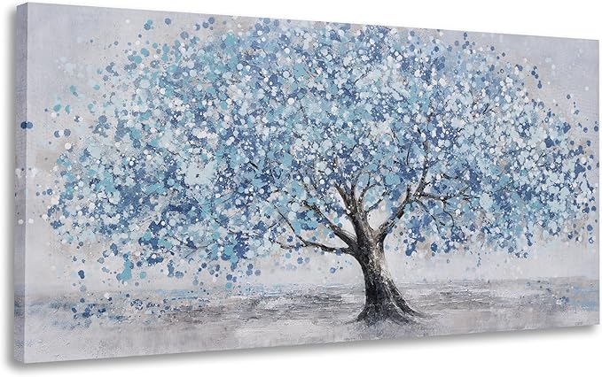 Tree of Life Wall Art Blue Tree Picture Wall Decor Artwork Framed Abstract Canvas Painting Nature Decor for Living Room Bedroom Bathroom Office Home Decor 48"x24"Can Be Hung Directly