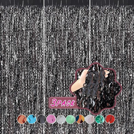 3 Pack New Years Decorations Wavy Black Tinsel Foil Fringe Curtains Party Backdrop 3.3 x 6.6 ft Streamer Backdrop Tinsel Curtains for Birthday, Graduation, Fiesta, Halloween Party Decor