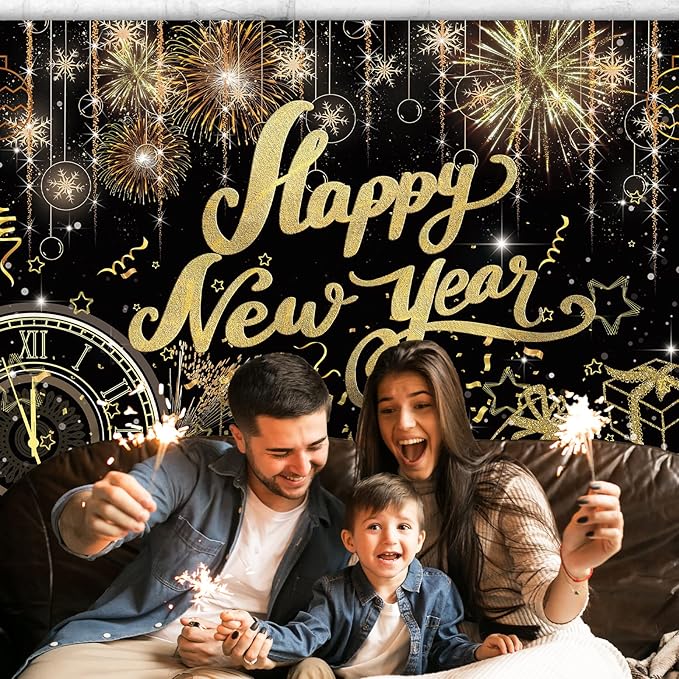 Happy New Year Backdrop,7x5FT 2026 Black Happy New Year Backdrop Party Decor New Year Banner New Year Eve Party Backdrop Supplies