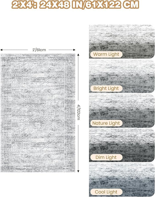 2x4 Washable Rug Runner for Bathroom, Soft Entryway Rug for Laundry Room, Kitchen, Vintage Abstract Hallway Runner for Bedroom, Anti-Slip Door Mat Indoor Entrance(2'x4', Grey/Ivory)