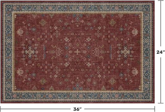 Burgundy 2x3 Washable Rugs for Entryway Indoor, Boho Kitchen Rug for Floor, Bathroom, Doormat Indoor Entrance, Waterproof Non Slip Low Pile Stain & Fade Resistant, Modern Eclectic Floral Decor