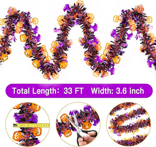 33FT Halloween Tinsel Garland with Orange Pumpkin Purple Bat Ornament, Shiny Metallic Twist Garland Outdoor Indoor Halloween Decorations for Home Table Office Classroom Fireplace Party Decor