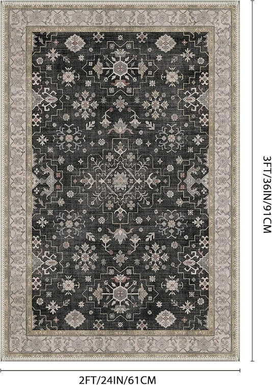 GENIMO 2x3 Washable Entry Rug,Small Rugs for Entryway Kitchen Bathroom Door Mat Indoor Entrance, Non Slip Rubber Backing, Stain & Fade Resistant,Black