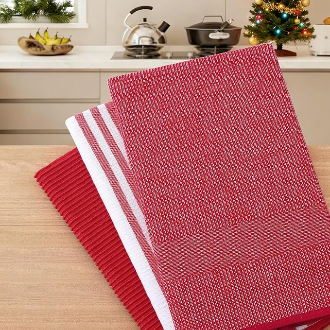 Homaxy Premium Kitchen Towels(18”x 28”, 6 Pack), Large Cotton 380 GSM Kitchen Hand Towels, Soft and Absorbent Terry Dish Towels, Multipurpose Tea Towel Set with Hanging Loop, Red