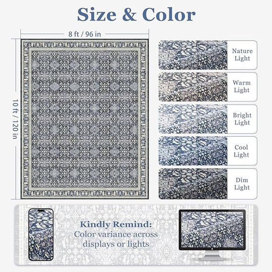 Dark Blue 8x10 Area Rugs for Living Room, Transitional Classic Boho Floral Moroccan Trellis Printed Carpet Rug for Bedroom Dining Room, Low Pile Thin Washable Non Slip Room Rug for Office
