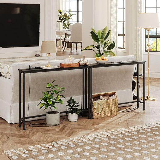 VERMESS 2 Pack Sofa Table with Power Outlets for Entryway, 39 inch Long Behind Couch Table with Metal Frame and 6.5’ Extension Cord for Hallway, Foyer, Living Room, Black