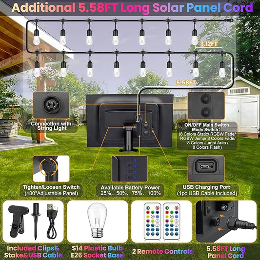 50FT RGB Solar Outdoor String Lights with Remote, Dimmable Waterproof Patio Lights with 15 LED Shatterproof Edison Bulbs for Backyard-Black