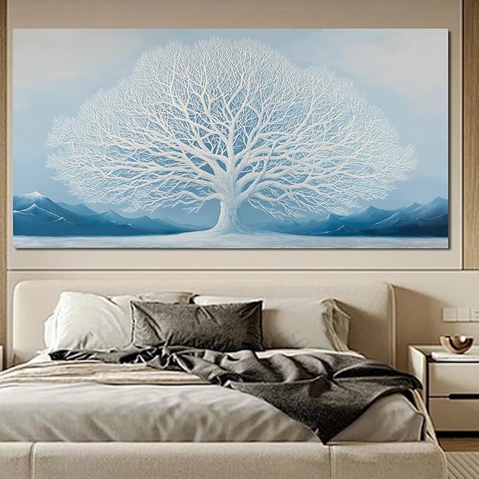 Trogonup White Tree of Life Wall Art for Bedroom Large Blue Landscape Mountain Artwork for Living Room Office Home Kitchen Modern Canvas Prints Ready to Hang 29x58 Inches