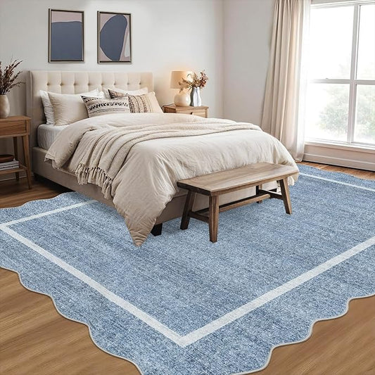 GarveeHome Scalloped Washable Rug 10x13 Area Rug for Bedroom Farmhouse Living Room Rug Non Slip Large Area Rug Low Pile Throw Rugs Stain Resistant Carpet for Dining Room Blue 10 ft x13 ft
