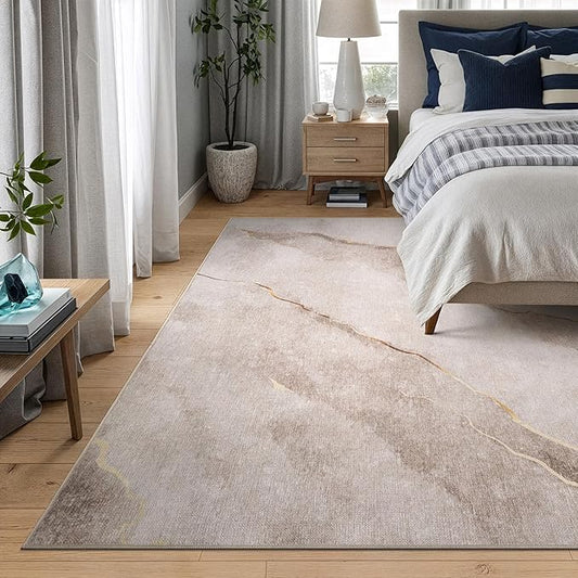 Bloom Rugs Caria Washable Non-Slip 9x12 Rug - Ivory/Gold Modern Abstract Area Rug for Living Room, Bedroom, Dining Room, and Kitchen - Exact Size: 9' x 12'