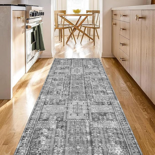 Vintage 2'6'' x 8' Washable Area Rug - Stylish Indoor Rug for Living, Dining or Bedroom - Lightweight Carpet with Non-Slip Backing - Foldable for Easy Placement and Maintenance - Grey