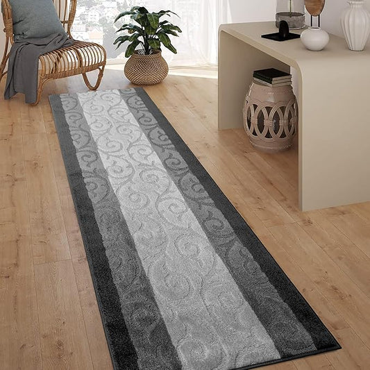 Custom Size Hallway Runner Rug, Slip Resistant, 26 Inch Wide x Your Choice of Length Size, Scroll Anthracite, 26 Inch X 4 Feet, Sold and Priced Per Foot
