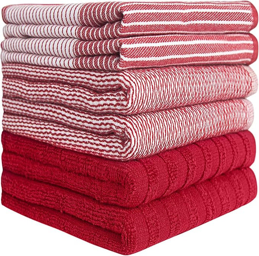 Premium Kitchen Towels (20”x 28”, 6 Pack) | Large Cotton Dish Towels | Flat & Terry Highly Absorbent Kitchen Linen Set with Hanging Loop | Red