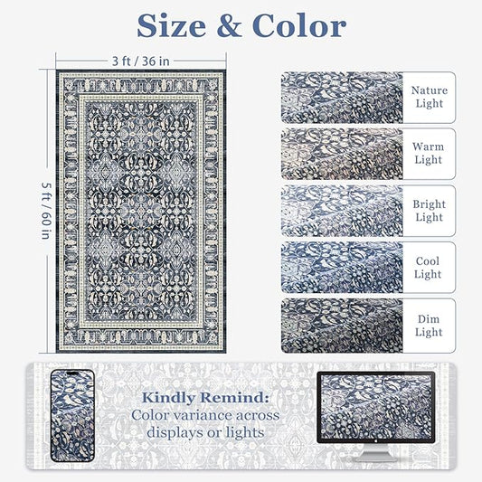 Dark Blue 3x5 Entryway Rug Indoor, Transitional Boho Floral Moroccan Trellis Printed Throw Rug for Kitchen, Ultra Thin for Machine Washable, Non Slip Area Rug for Foyer/Dorm/Bedroom Bedside