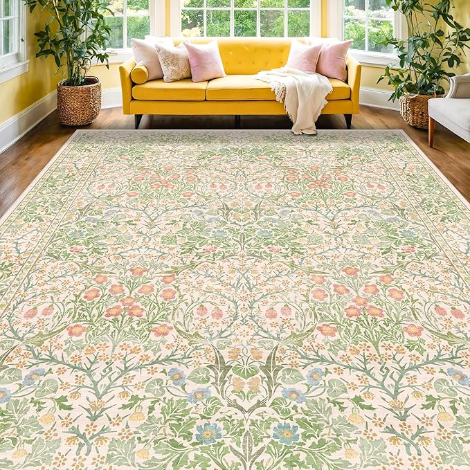 Hazo Haus Washable 8x10 Rugs for Living Room, Light Green Oriental Rugs for Bedroom Dining Room Under Kitchen Table, Stain Resistant Non-Slip Pastel Large Washable (8x10 Beige Green)