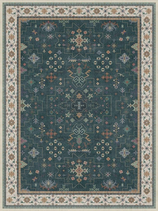 Dark Green Vintage Living Room Rug 9x12 - Boho Unique Floral Victorian Decor, Washable Low Pile Non-Slip Extra Large Area Rugs for Dining Under Table Bedroom