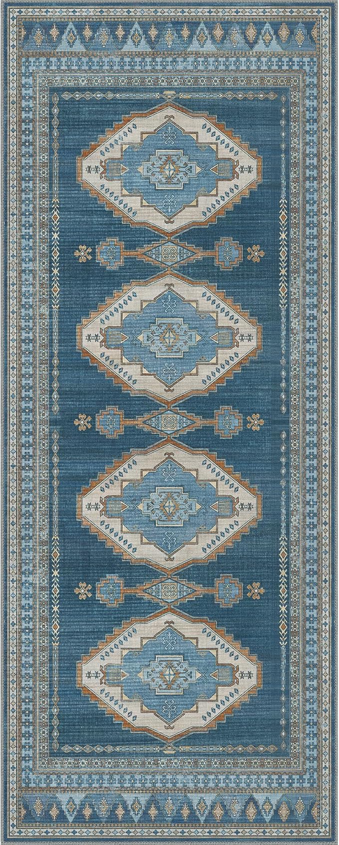 GENIMO 2x5 Washable Runner Rug for Hallway, Vintage Non Slip Low Pile Carpet, Soft Lightweight Printed Rug for Entryway, Kitchen, Corridor & Home Office, Navy/Brick