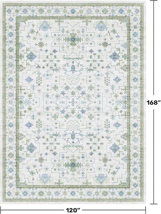 Oriental 10x14 Rug Living Room - Washable Oushak Boho Extra Large for Bedroom Non Slip Soft Faux Wool Carpet for Dining Room Playroom - Cream Blue and Green Floral Rug