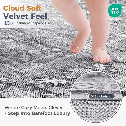OPPODREAM Thin Vintage Grey 3x6 Runner Rug, 3 x 6 Retro Washable Rug Non Slip, Low-Pile Faux Wool Carpet, Distressed Gray Floor Mat for Kitchen, Hallway, Entry-Way, Entrance, Indoor Back Door