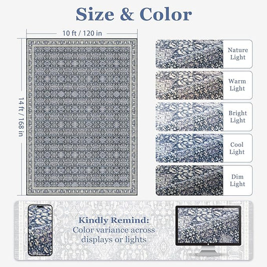 Large Rugs for Living Room 10x14, Transitional Moroccan Floral Trellis Big Area Rug for Bedroom Dining Room, Washable Non Slip Low Pile Thin Room Rug for Dining Room Family Room, Dark Blue