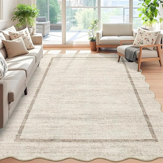GarveeHome Scalloped 3x5 Washable Rug for Entryway, Super Soft Entryway Rug Non-Slip, Printed Faux Wool Floral 3x5 Area Rug Thin Floor Carpet for Kitchen, Bedroom, Office, Living Room, Beige