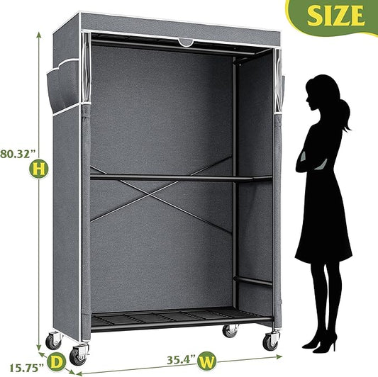 Raybee 80.32" H Clothes Rack with Cover,Rolling Clothing Racks for Hanging Clothes with Wheels,Heavy Duty Portable Garment Rack 35.4" Wx15.75 Dx80.32 H,Black