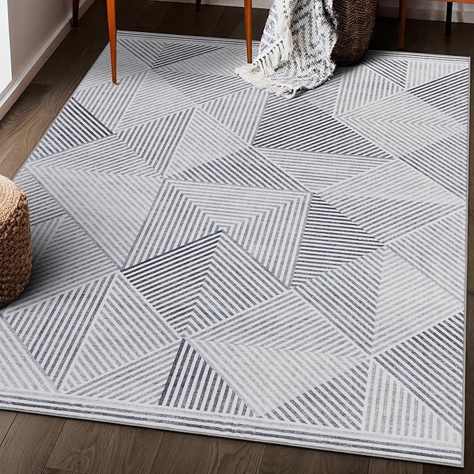 ReaLife Rugs Machine Washable Area Rug Runner - Living Room Bedroom Bathroom Kitchen Entryway Office - Padded Low Pile Stain Resistant Premium - Modern Geometric Contemporary - Miles - Gray 3' x 5'
