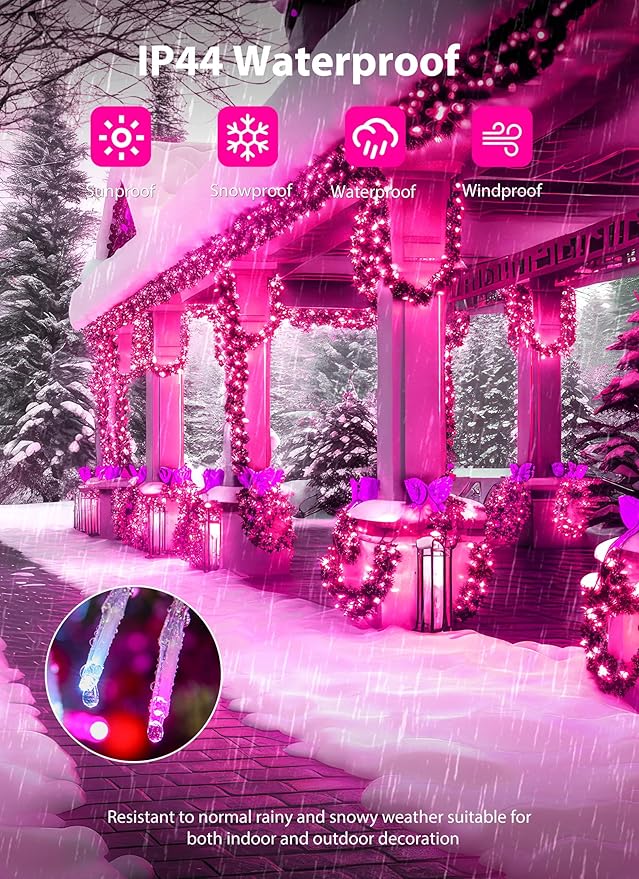 Minetom Christmas Lights - Outdoor Cluster Lights, 200 LED, 10 Ft, 12 Modes Timer, Waterproof, Pink & White