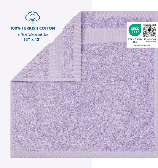 Cotton Paradise 100% Cotton Turkish Washcloth Set for Bathroom, 4 Piece Soft Absorbent Small Hand Face Towels Wash Rags, Lilac