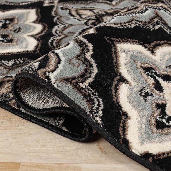 Superior Indoor Area Rug, Jute Backing, Medallion Rugs for Entryway, Living Room, Kitchen Floors, Bedroom, Office, Plush Floor Cover, Traditional Aesthetic, Crawford Collection, 2x3, Black Ivory