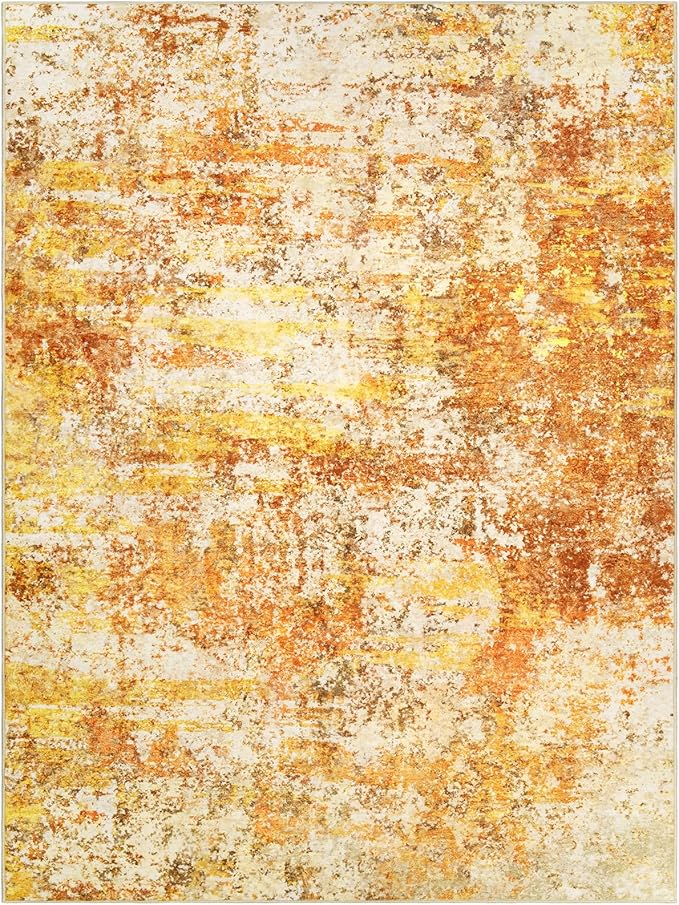 Washable Area Rugs for Living Room - 10x14 Abstract Modern Rug Neutral Soft Rug Stain Resistant Non-Shedding No Slip Low Pile Large Carpet for Bedroom Dining Room Nursery Home Office - Orange/Gold