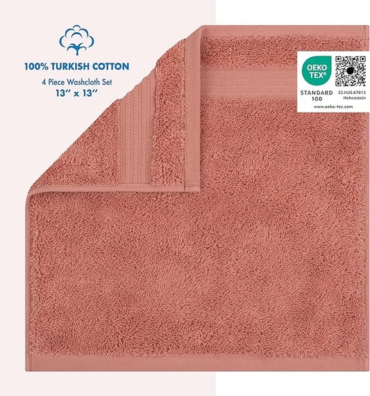 Cotton Paradise 100% Cotton Turkish Washcloth Set for Bathroom, 4 Piece Soft Absorbent Small Hand Face Towels Wash Rags, Coral