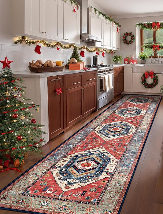 SERISSA Runner Rug for Hallways, 3x12 Washable Non Slip Kitchen Runner Rug, Extra Long Boho Rug Ultra Soft Vintage Rust Print Floor Carpet for Bedroom Hallway Entryway Bathroom Laundry Room