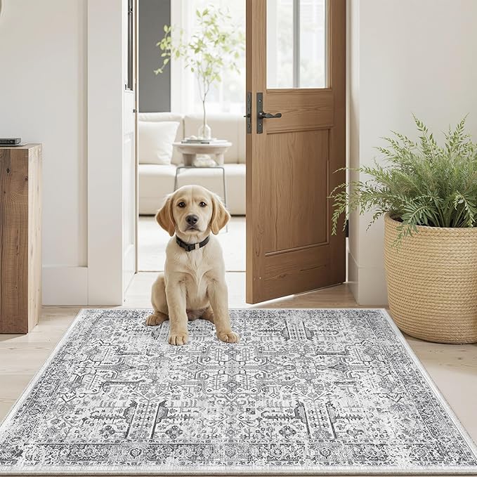Washable 2x3 Entryway Area Rug - Small Non Slip Vintage Kitchen Runner Rugs Indoor Entrance Soft Neutral Stain Resistant Bathroom Mat Farmhouse Carpet for Bedroom Living Room Entry Laundry 2'x3' Grey
