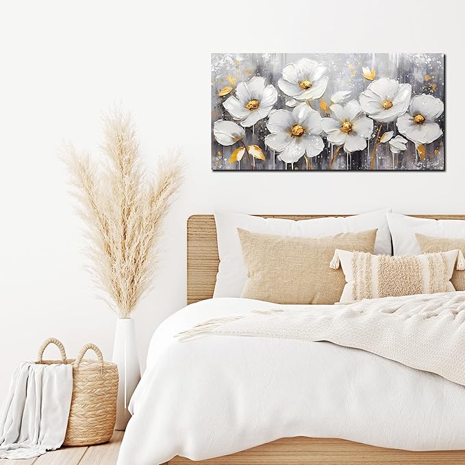 CIRABKY Flower Wall Art for Bedroom - White Wall Decor - Gold Wall Art for Living Room Office Artwork Canvas Pictures Size 20" x 40"