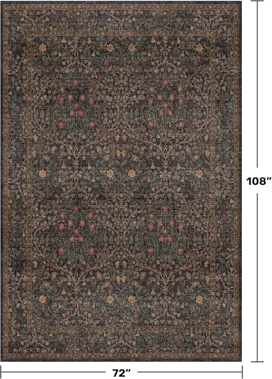 Dark Brown Washable Area Rug for Living Room - 6x9 Oriental Area Rug for Dining Room Under Table, Low Pile Non-Slip Floor Carpet for Bedroom - Vintage Botanical Floral Design & Stain Resistance