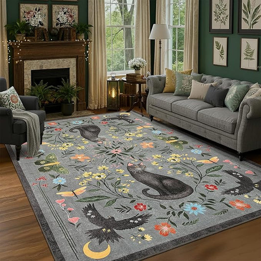 GarveeHome 5x7 Cat Area Rug Grey Washable Rugs for Living Room Bedroom, Soft Mushroom Floral Low Pile Non Slip Floor Mat Animal Print Throw Rug Indoor Carpet for Dorm Playroom Gothic Decor