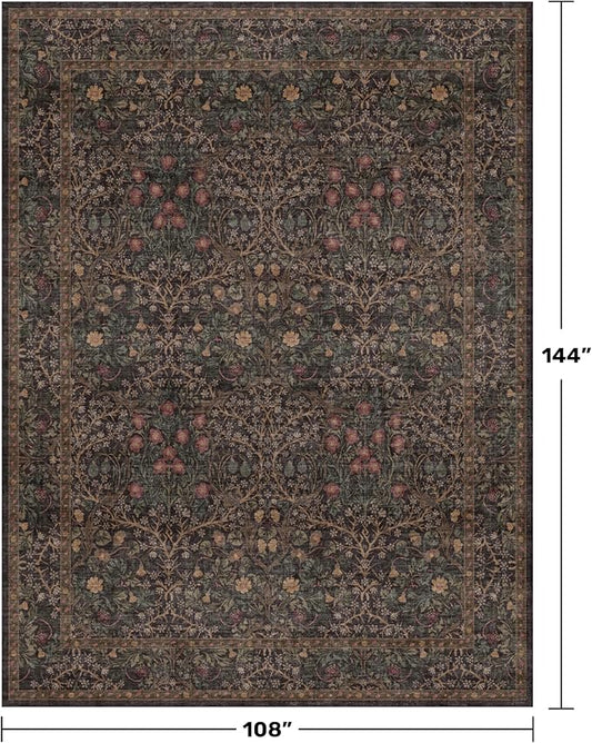 Washable Area Rugs 9x12 Living Room - Dark Brown Large Rug for Dining Room Under Table, Bedroom, Soft Low Pile Non-Slip Stain Resistant Carpet - Vintage Floral Plant Design