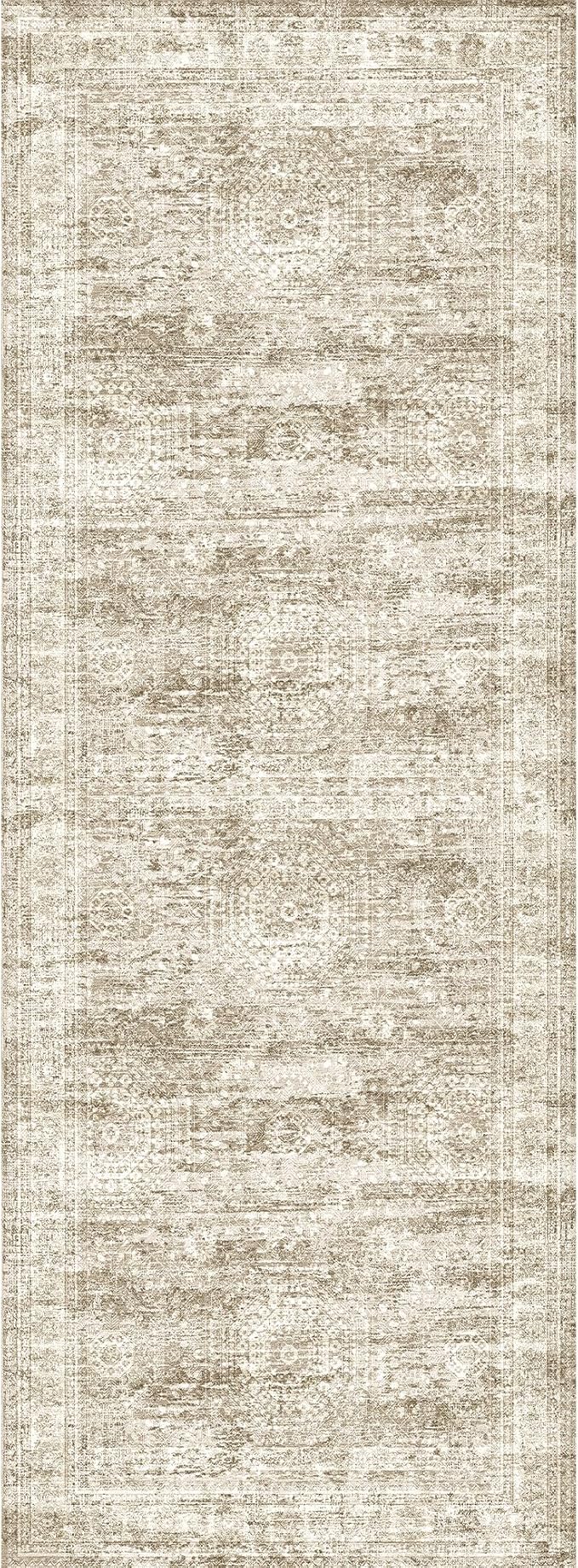 3x8 Runner Rug Non Slip Washable for Entryway, Vintage Hallway Runner for Front Porch, Laundry Room, Bedroom, Abstract Stain Resistant Thin Indoor Kitchen Mats for Floor(3'x8', Brown/Ivory)
