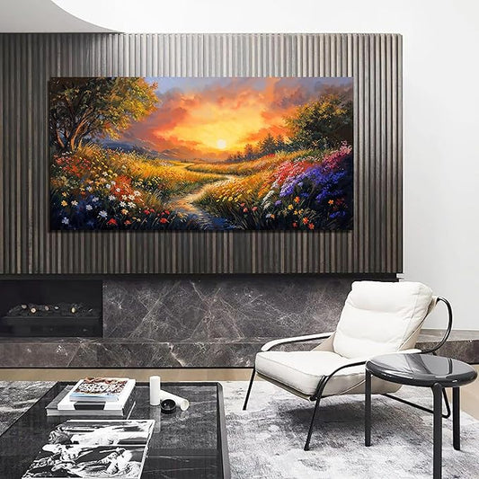 Canvas Wall Art Decor Wall Art Pictures for Living Room Large Vintage Landscape Wall Art Prints Canvas Art Wall Decor Wildflower River Artwork for Walls Bedroom Home Aesthetic Wall Art Decor 24" X 48"